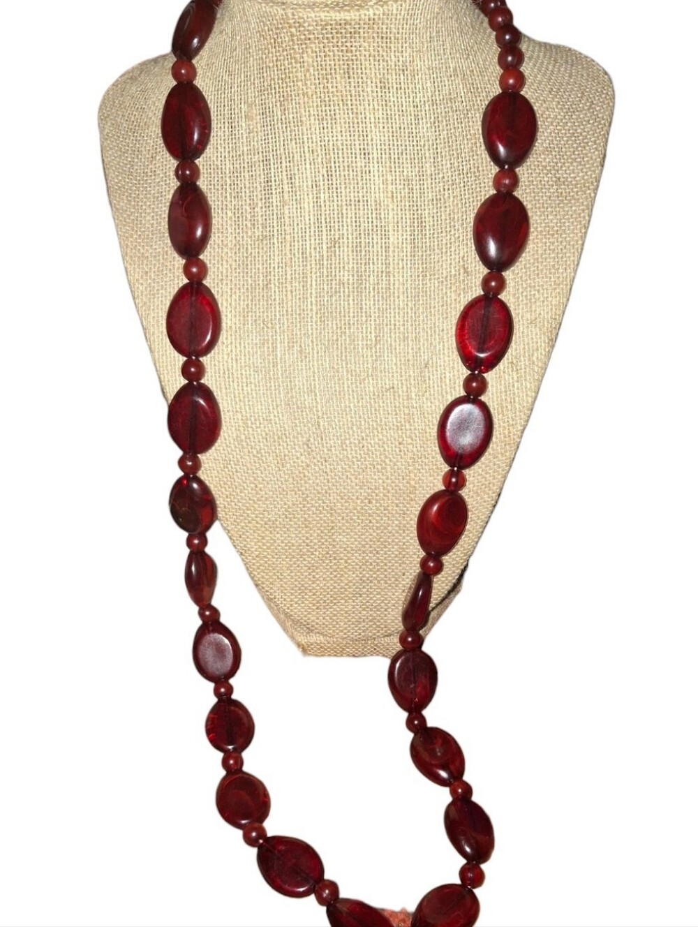 Burgundy Swirl Acrylic Faux Cherry Amber Bead Necklace - Women Long Boho Jewelry
